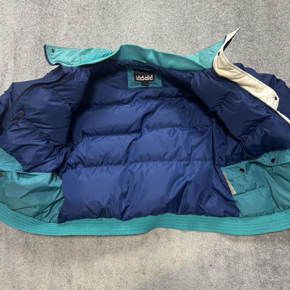 Vintage 80's 90's Mens Large Ski Jacket Down Filled Coat Inside Edge Blue Teal - Picture 2 of 16